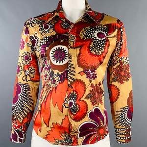 JUST CAVALLI Red Yellow Abstract Floral Silk Western Long Sleeve Shirt